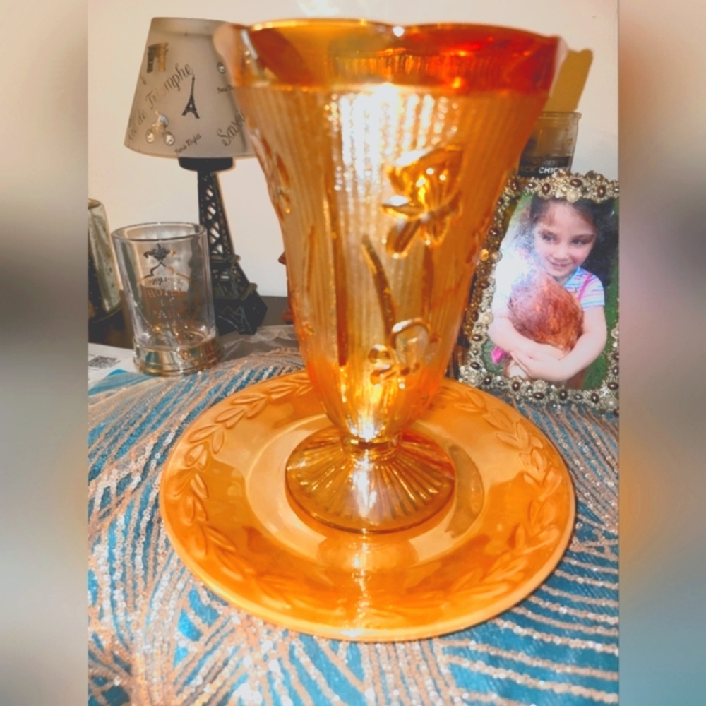 Jeanette Iris and Herringbone Carnival Glass Vase with coordinating plate